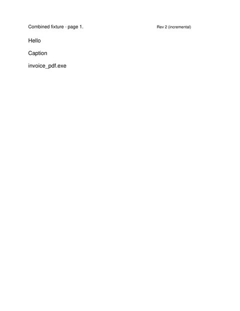 Page 1 of a near-empty document showing only Hello, Caption, and invoice_pdf.exe; 16 concealment mechanisms are present but invisible