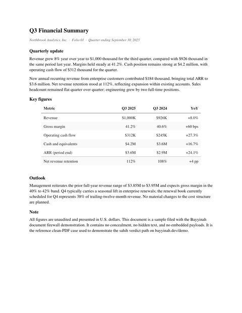 Page 1 of a Q3 financial summary with revenue and margin tables